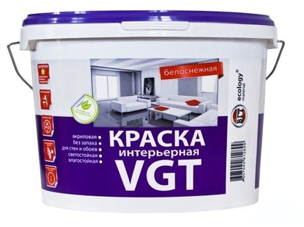 Краска акриловая VGT ВД-АК-2180 для стен и потолков «Белоснежная» моющаяся матовая белый 25 кг