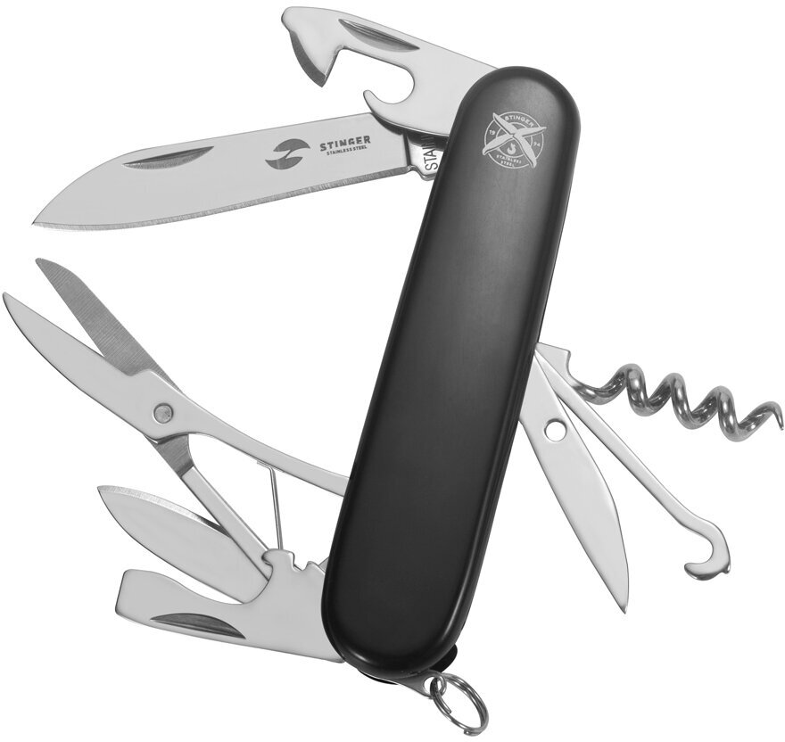 Нож перочинный Stinger, 90 мм, 13 функций, материал рукояти: АБС-пластик (чёрный), в блистере, FK-K5018-8PB