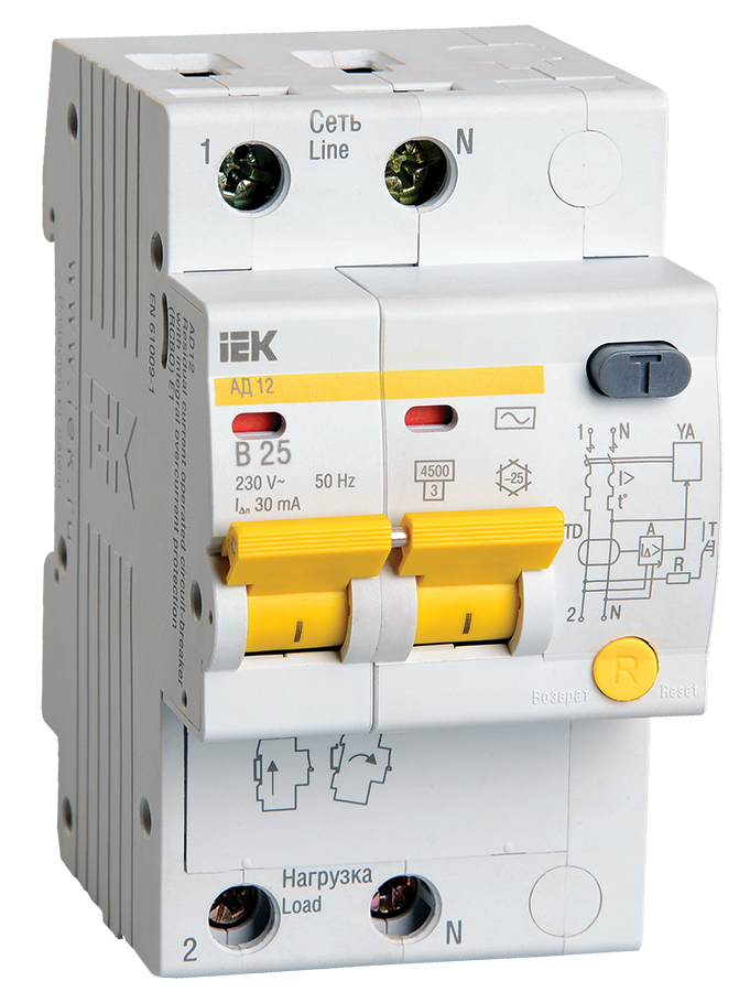 АД-12 MAD10-2-025-B-030 Автоматический выключатель дифференциального тока двухполюсный 25А (тип AC, 4.5 кА) Упаковка (5 шт.) IEK - фото №1