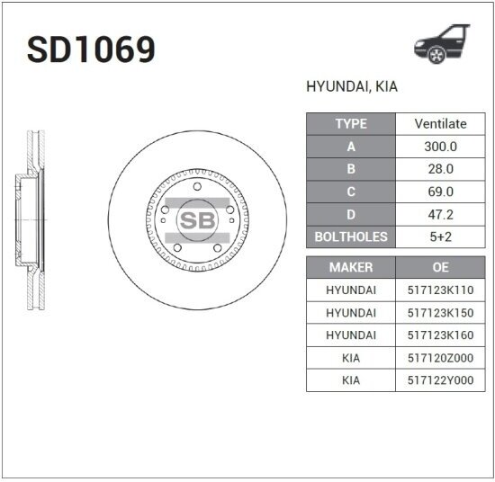 Диск тормозной передний Sangsin Brake для Hyundai iX35 / Kia Sportage III 10->, 1 шт