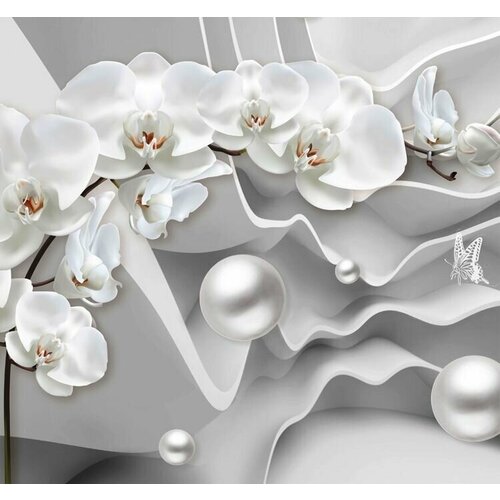 Моющиеся виниловые фотообои Орхидея и бусы монохром 3D, 300х280 см