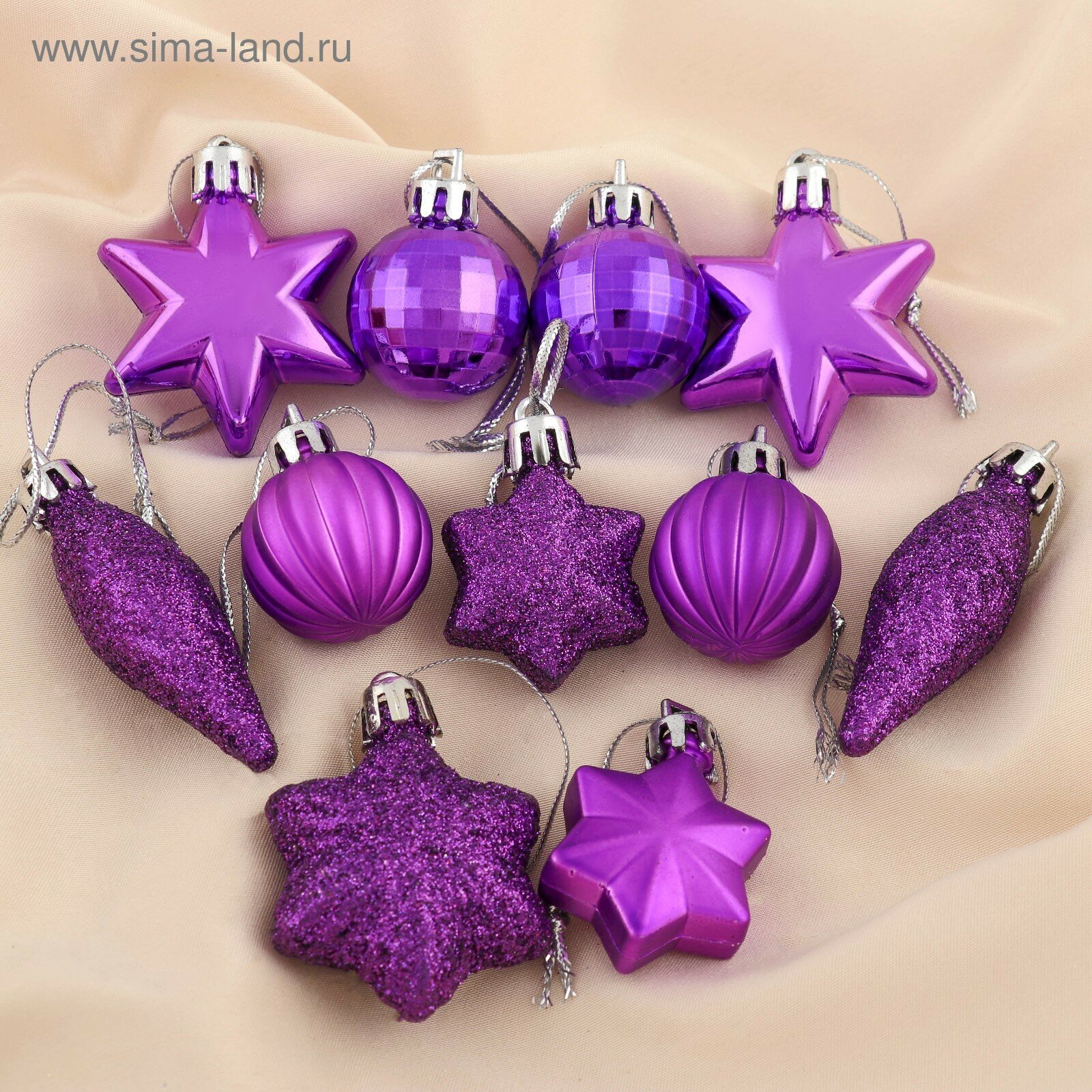 Набор украшений пластик 12 шт "Талла" (6 звёзд, 4 шара, 2 сосульки) фиолетовый