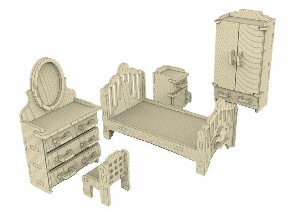 Деревянная мебель для кукольного домика "Спальня 1-1" для кукол 7-13 см