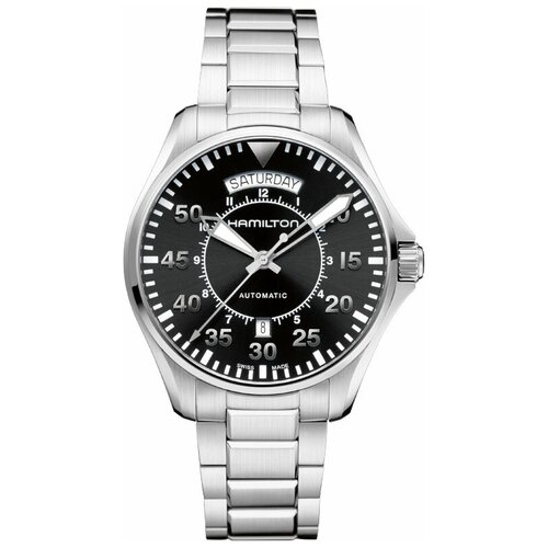 наручные часы hamilton khaki aviation часы hamilton khaki aviation takeoff h76786733 черный Наручные часы Hamilton Khaki Aviation H64615135, серебряный, черный
