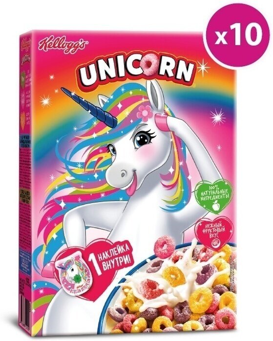 Готовый завтрак Kellogg's Unicorn Радужные колечки с фруктовым вкусом, 10 шт по 195 г