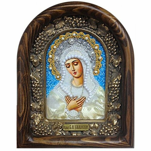Икона Божией Матери Умиление бисер жемчуг ткань, арт ДИ-375
