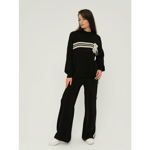 Костюм, худи и брюки, повседневный стиль, оверсайз, манжеты, пояс на резинке, крупная вязка, трикотажный, утепленный, карманы, вязаная, плоские швы, размер OneSize, мультиколор