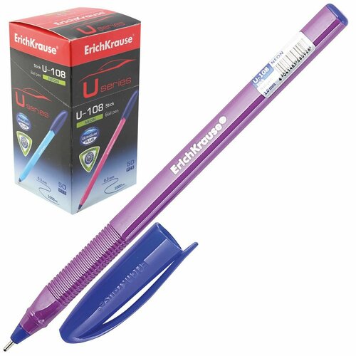 Ручка пишущий узел 1,0 мм, игольчатая, одноразовая, цвет чернил синий, ассорти 4 вида Neon Stick U-108 Ultra Glide Technology Erich Krause - 50 шт
