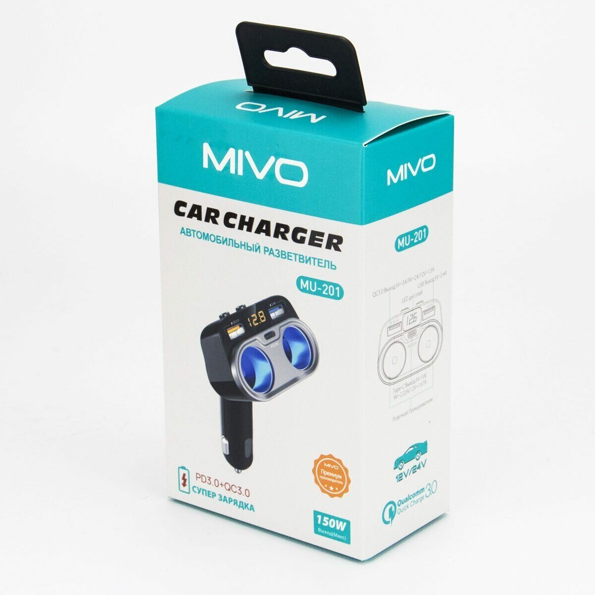 Автомобильный разветвитель прикуривателя Mivo MU-201 / 2xUSB / 150 Вт / QC3.0/ LED — фото 10