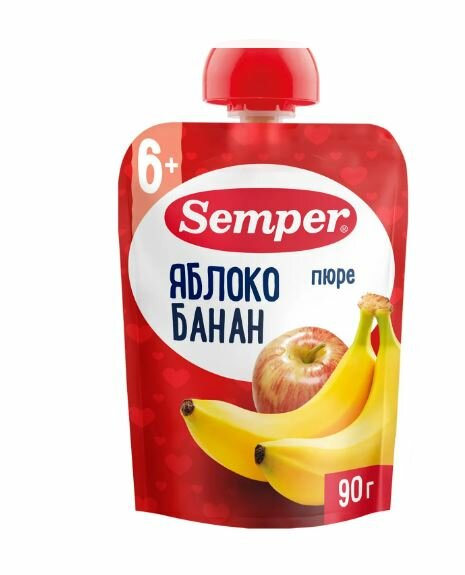 Пюре Semper в пауче яблоко-банан с 6 месяцев, 90 гр - фото №1