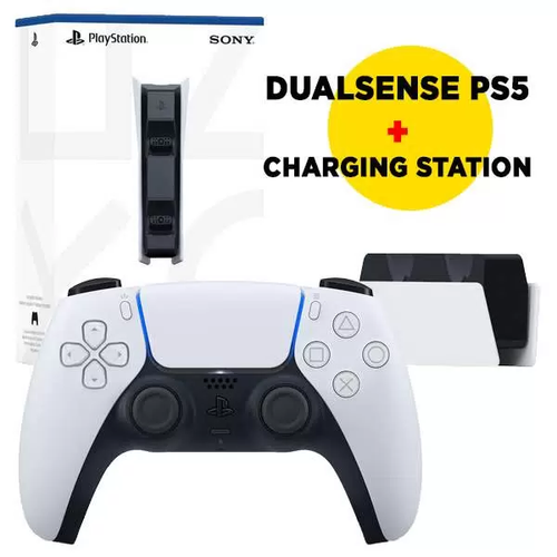 Геймпад DualSense PS5 белый и зарядная станция для Sony PlayStation, EAC, комплект зарядная станция sony dualsense для 2 х геймпадов cfi zds1