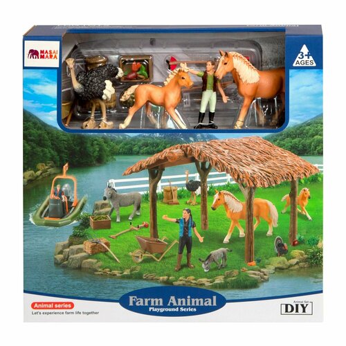 Набор фигурок животных серии На ферме: Ферма, лошади, страус, лодка, фермеры, инвентарь - 22 предмета