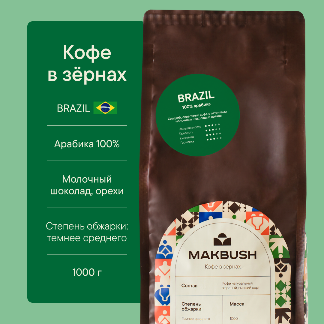 Кофе в зёрнах MakBush BRAZIL, 100% арабика, свежеобжаренный, 1 кг