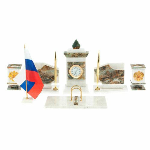 Письменный прибор с гербом и флагом России камень мрамор, офиокальцит 123651