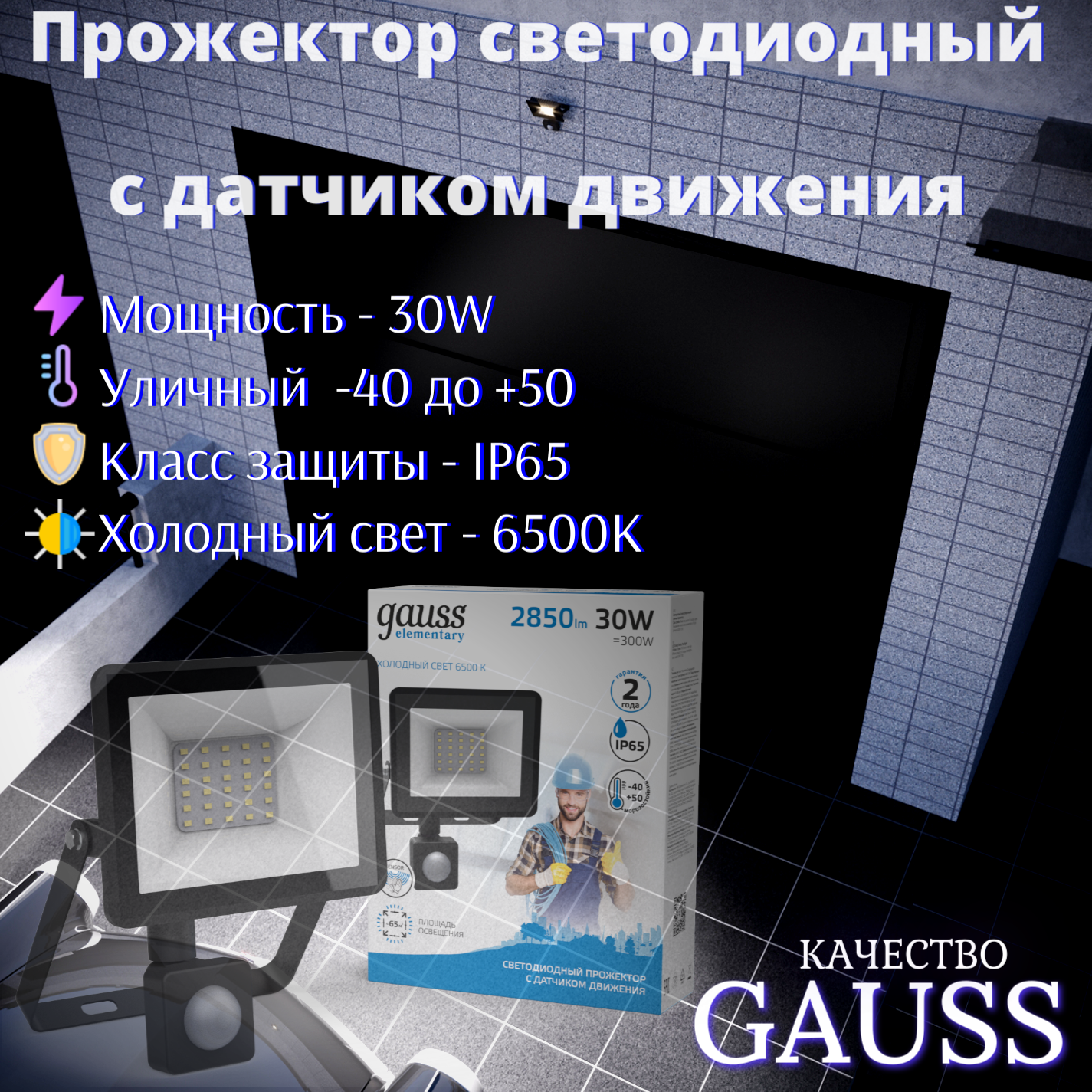 Прожектор светодиодный Gauss Elementary-S 30W 2080lm IP65 6500К черный с датчиком движения