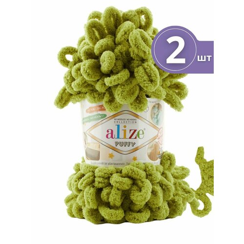 фото Пряжа плюшевая alize puffy (ализе пуффи) - 2 мотка 11 фисташково-зеленый, для вязания руками, гипоаллергенная, большие петли (4см), 9м/100г
