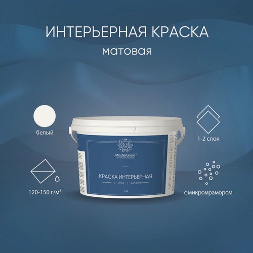 Изображение товара Краска интерьерная супербелая MasterGood (3 кг) / Для потолков, стен из кирпича, бетона, штукатурки