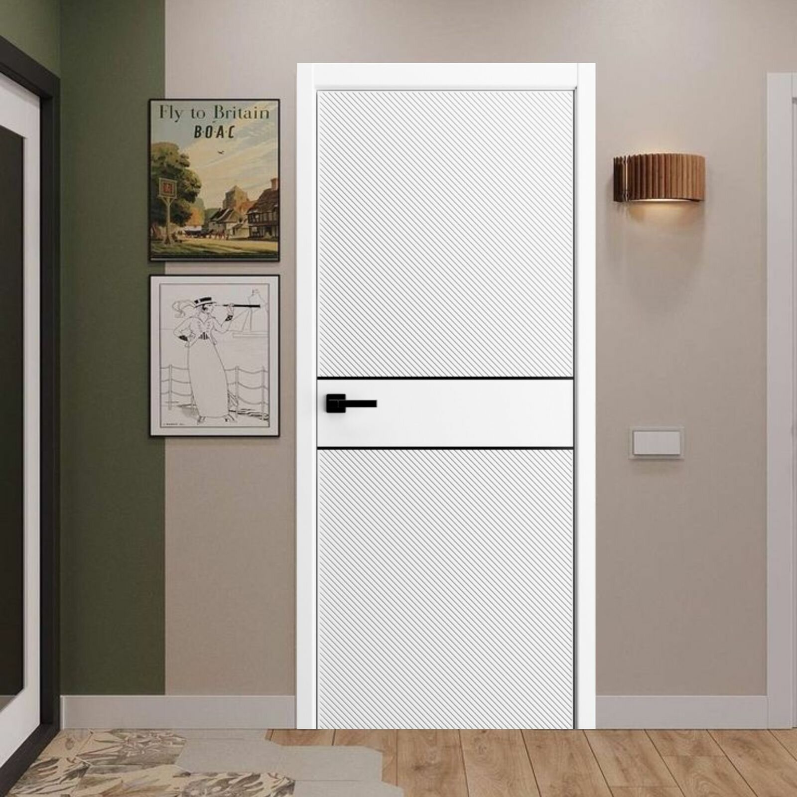 фото Дверь межкомнатная Fortuna-2 белая с черным молдингом Глухая Paputin's Doors 700 х 2000 мм Комплект