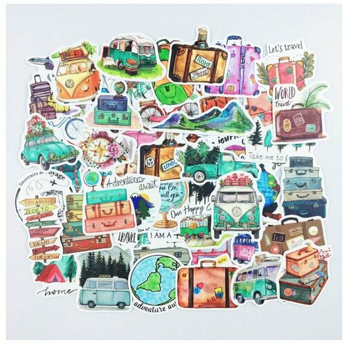 Наклейки Акварельное путешествие поход рюкзак чемодан велосипед - 50шт 950₽