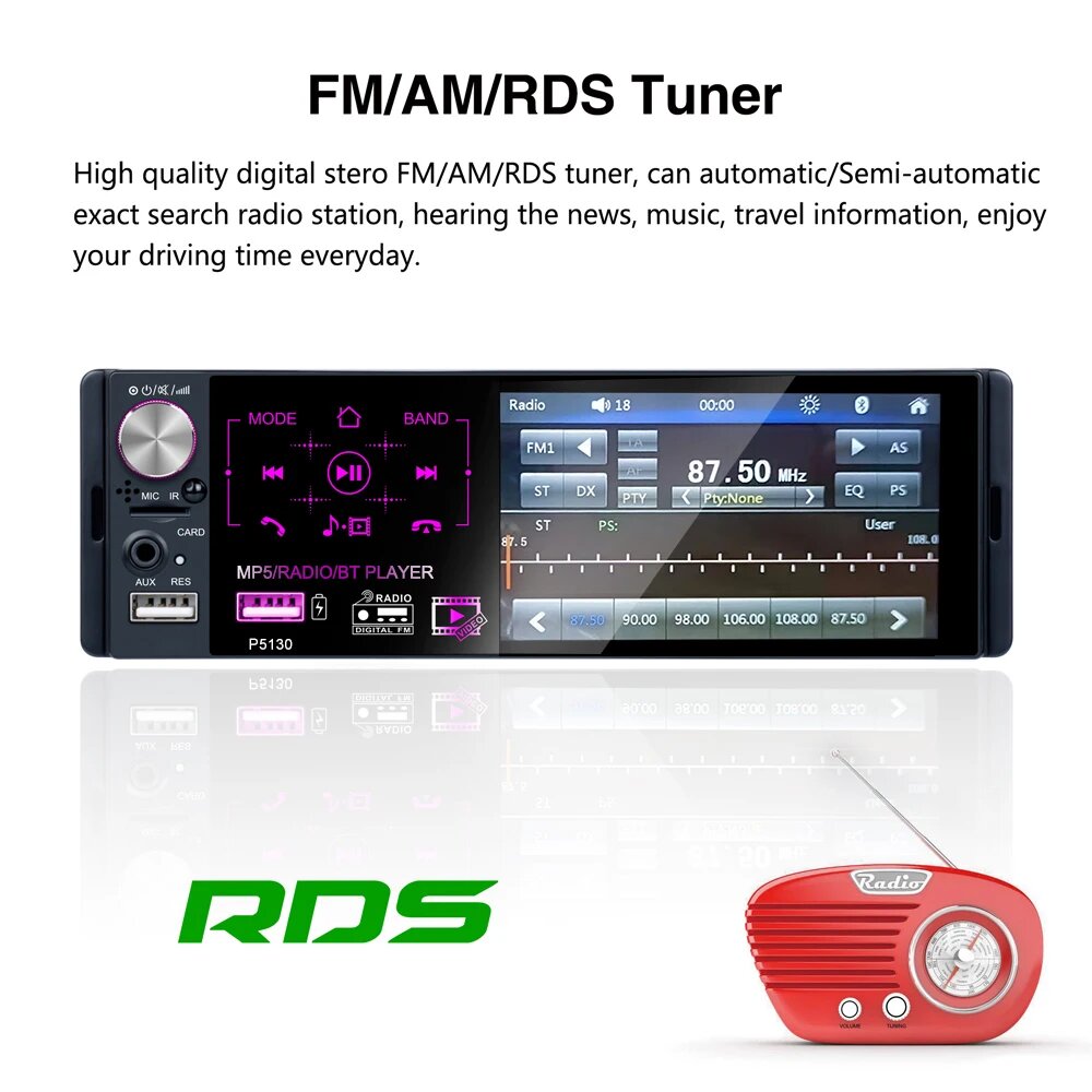 Podofo 4,1 "сенсорный экран 1 Din автомобильный радиоприемник Bluetooth авторадио RDS FM USB AUX MP3 MP5 видеоплеер стерео управление рулевым колесом, With Microphone — фото 1