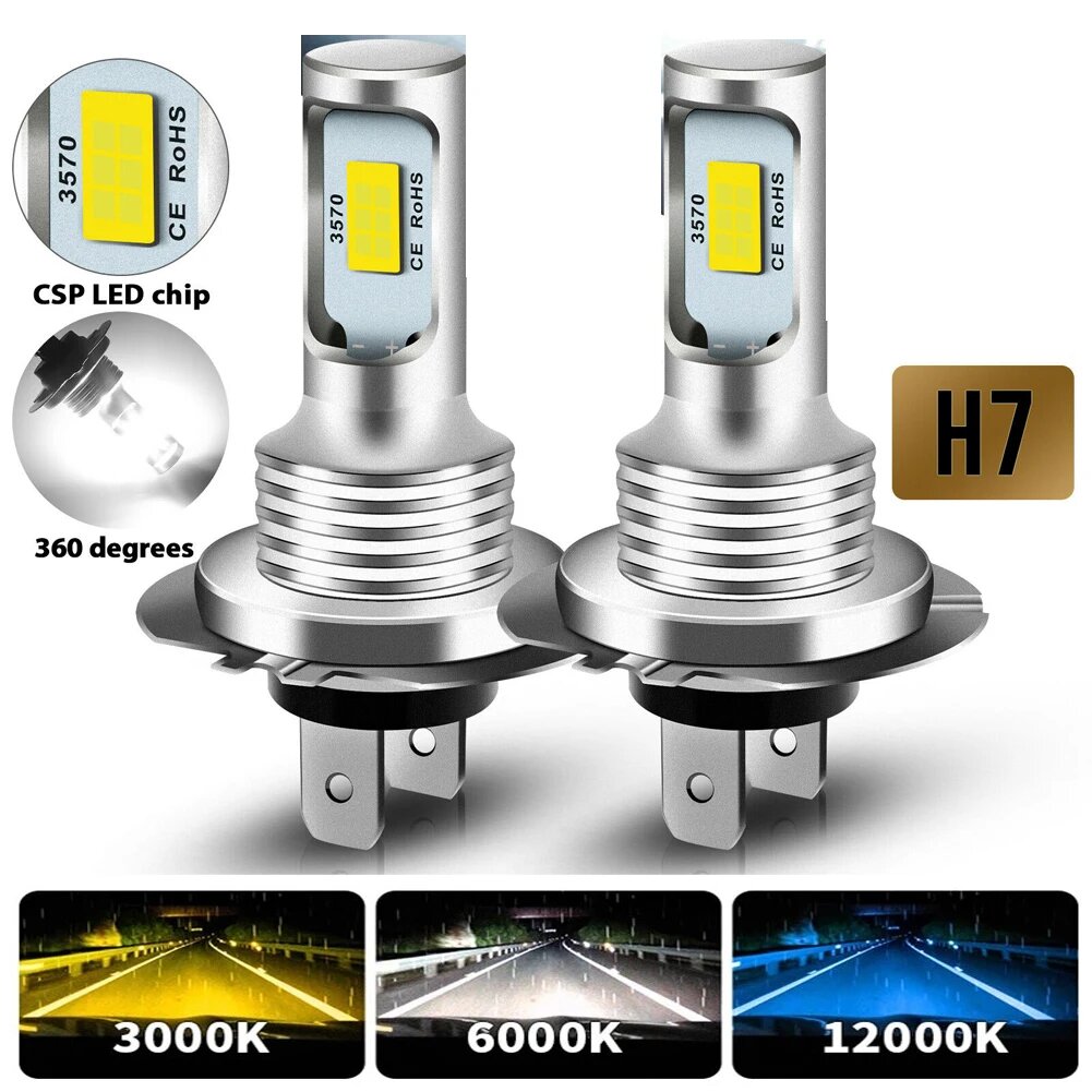 2 шт. светодиодные лампы H7 H4 Super Bright CSP, комплект автомобильных противотуманных фар H1 H8 H9 H11 9005 9006 дальнего ближнего света 6000K 12V 24V, 6000 К Холодный Белый, H7 — фото 1