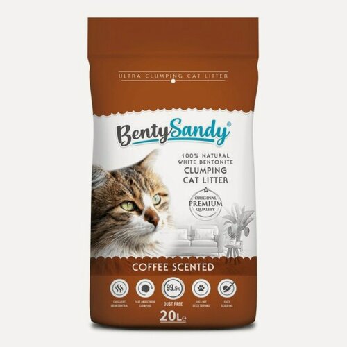 Изображение товара Наполнитель для кошачьих туалетов Bentysandy Coffee комкующийся, бентонитовый, с ароматом кофе, 17,2 кг (20 л)