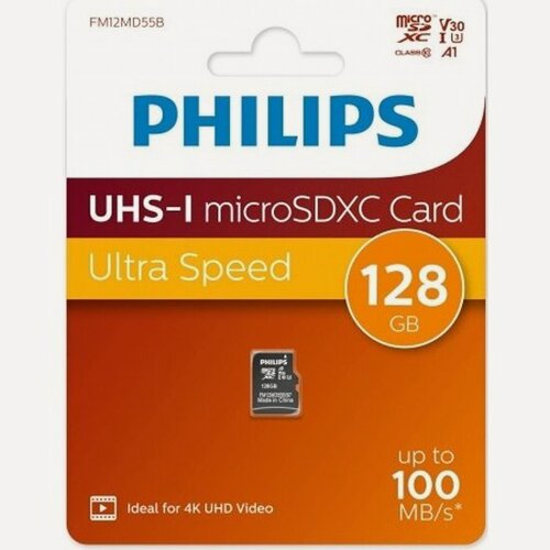 Изображение товара Карта памяти Philips microSDHC 128Gb High Speed Class UHS-I U3 V30 A1 100MB/s (FM12MD55B/97)