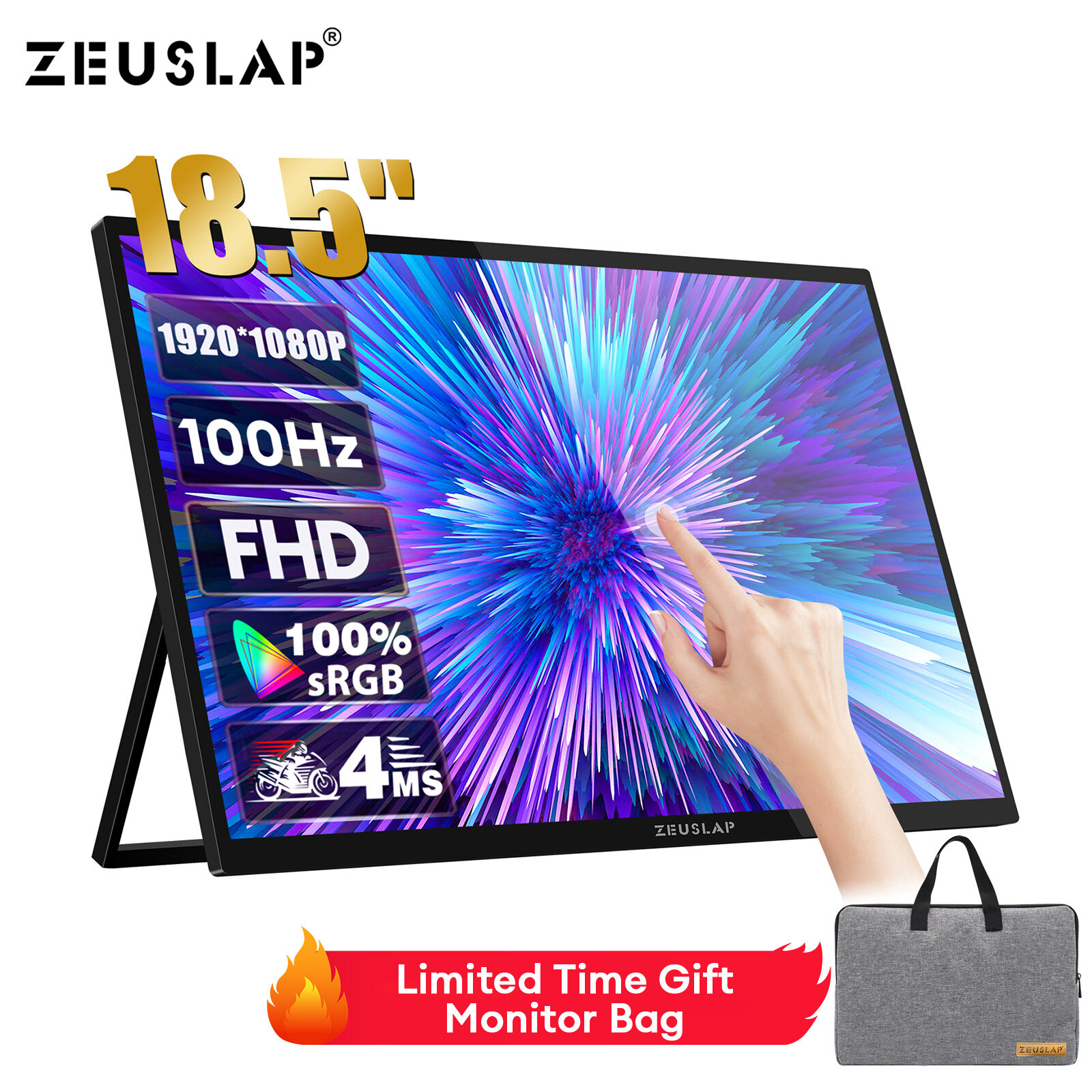 ZEUSLAP 18.5" 100гц сенсорный экран портативный монитор FHD 100%sRGB монитор для пк туристический дисплей для ноутбука компьютера для ноутбука Switch Steam Deck PS5 Xbox