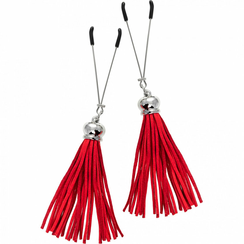 Зажимы-вилки на соски с замшевыми кисточками Pecado BDSM красные