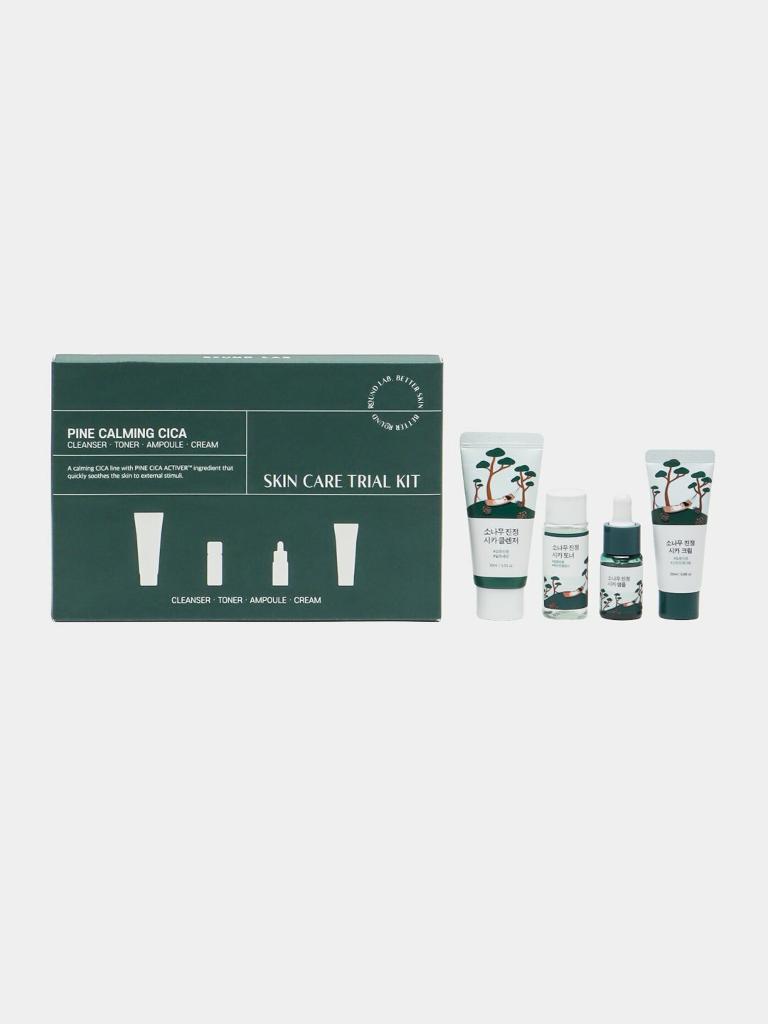 ROUND LAB дорожный набор миниатюр для лица, Pine Calming Cica Trial Kit, 4 средства Зеленый