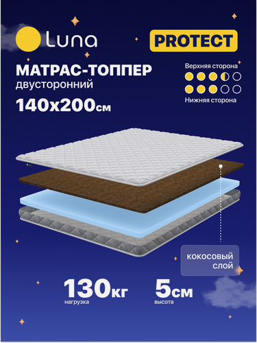 Изображение товара Матрас-топпер Luna Protect 140х200 см, с кокосовой койрой, двухсторонний с разной жесткостью сторон, высота 5 см