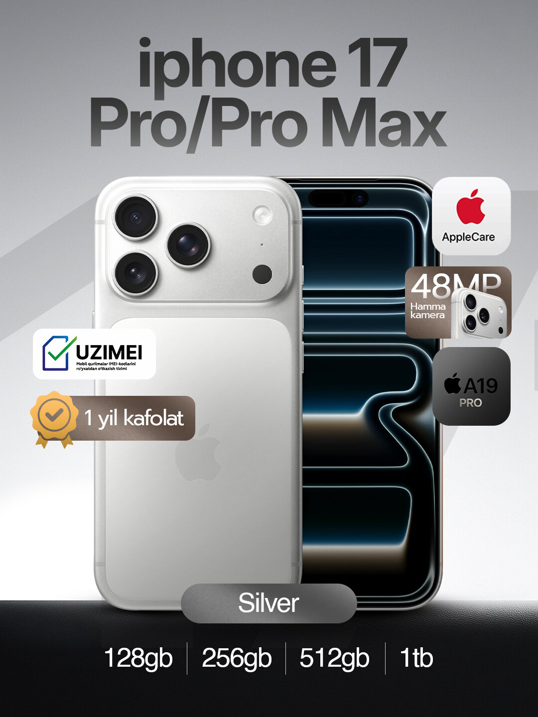 Смартфон iPhone 17 Pro Max 256GB SILVER," Super Retina XDR, камера, 2868 x 1320, Original