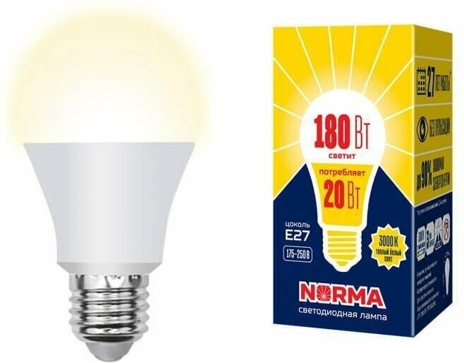 Лампа светодиодная Volpe LED-A65-20W/WW/E27/FR/NR форма А матовая Серия Norma теплый белый свет (3000К) 3 шт