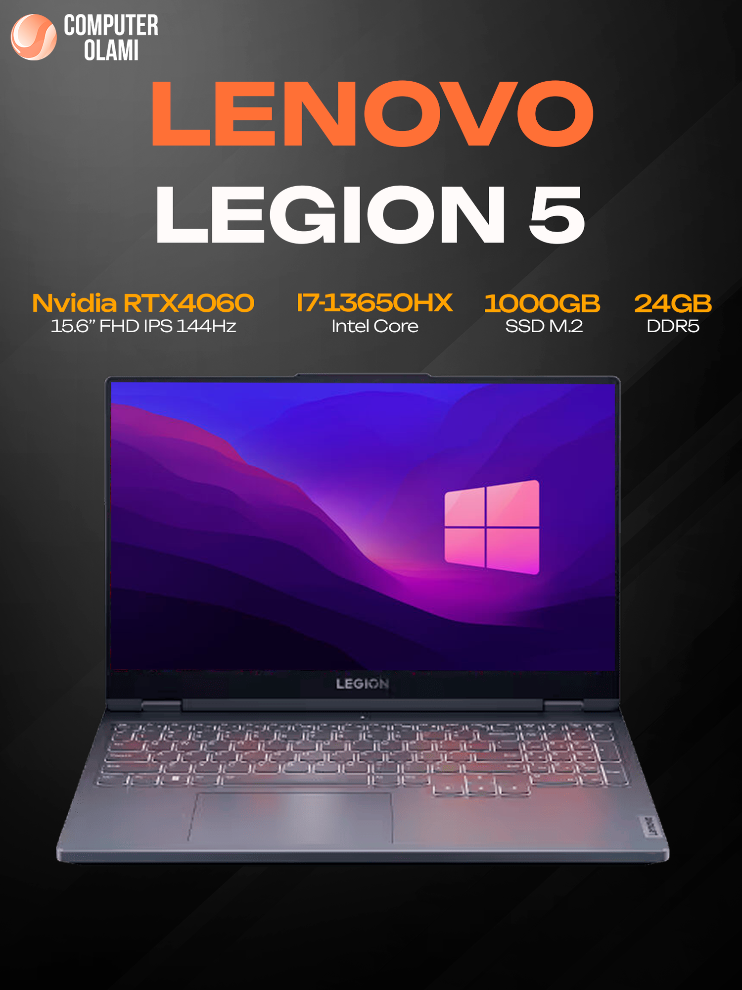 Игровой ноутбук Lenovo Legion 5 15IRX9, i7-13650HX, 24/1 ТБ, RTX 4060 8 ГБ, 15.6" FHD IPS 144 Гц G-SYNC
