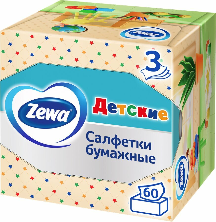 Салфетки бумажные ZEWA Kids 3-слоя, в коробке, 60шт