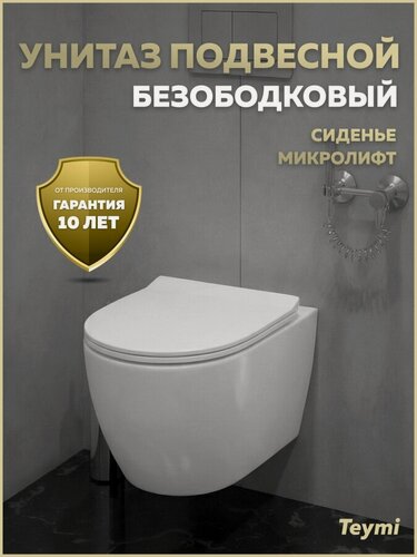 Изображение товара Унитаз подвесной безободковый с быстросъемным сиденьем микролифт Teymi Lina PP T40117