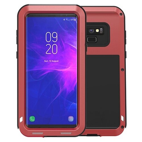 фото Неубиваемый влагозащитный ударопрочный чехол-бампер mypads для samsung galaxy note 9 цельно-металлический со стеклом gorilla glass красный