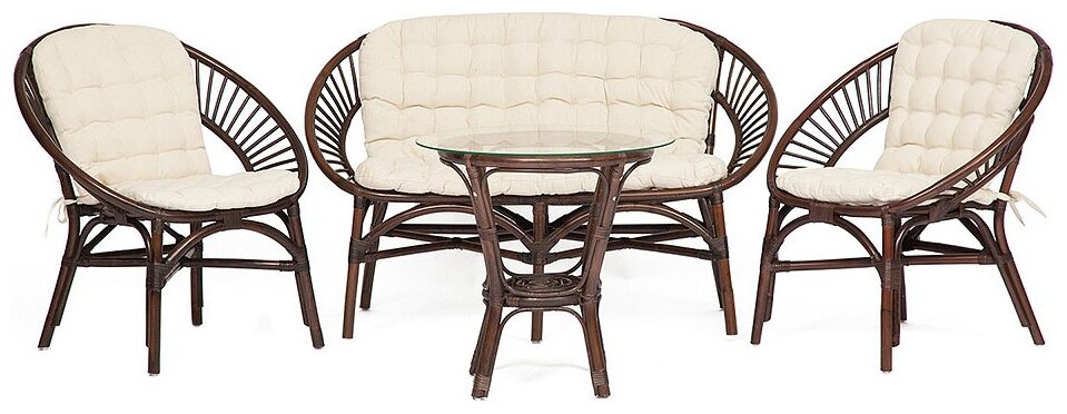 Комплект для отдыха TetChair TURKEY (стол круглый (со стеклом)+2 кресла + диван) /с подушками/ротанг, кр:70х65х78см, дв:120х65х78см, ст:D50х56,5см, coco brown (коричневый кокос) - фотография № 1