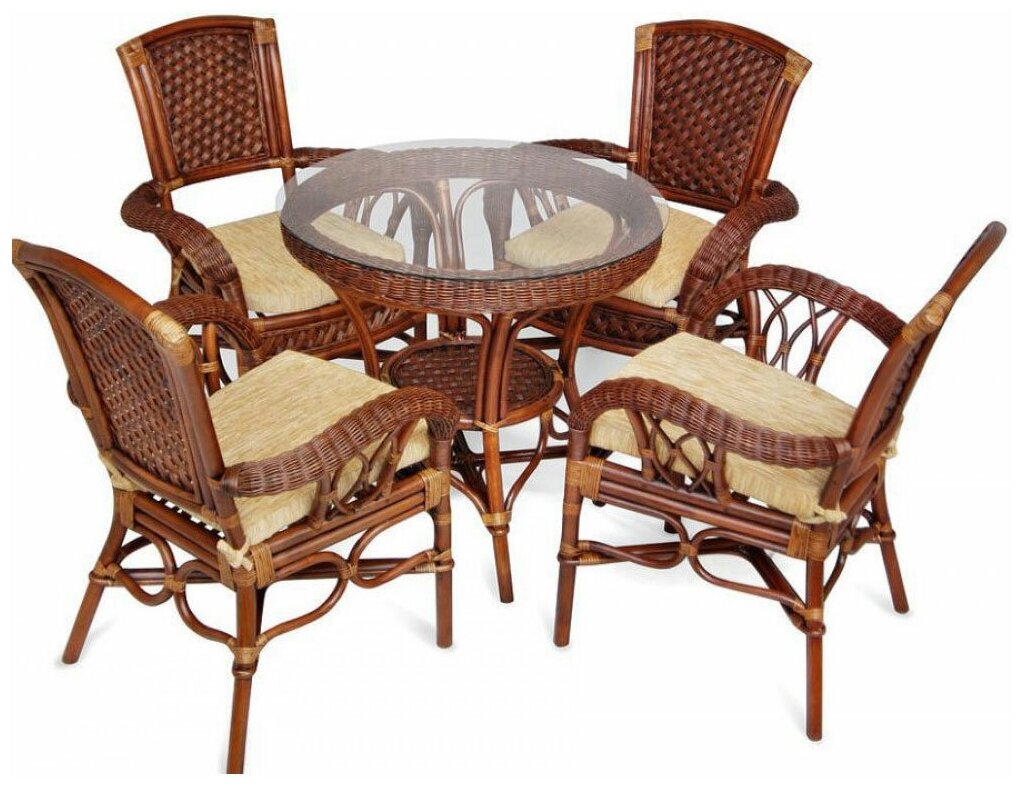 Комплект обеденный TetChair "ANDREA" ( стол со стеклом + 4 кресла + подушки),Pecan Washed (античн. орех), Ткань рубчик, цвет кремовый - фотография № 1
