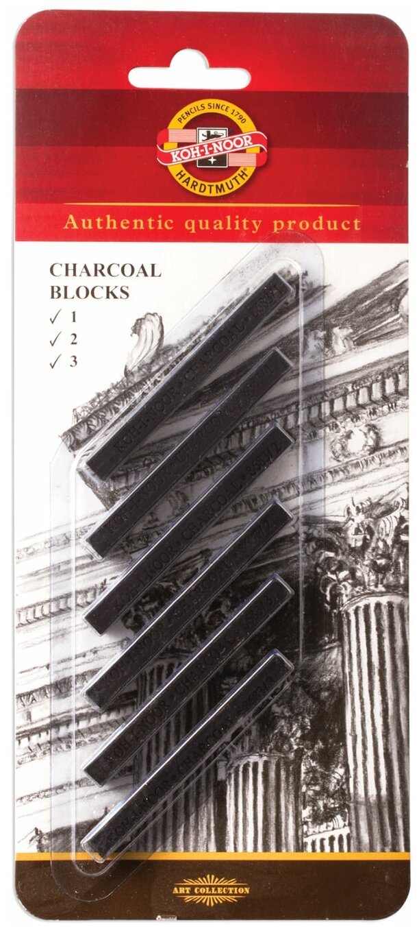 Уголь прессованный KOH-I-NOOR, набор 6 шт., квадратное сечение, 3 градации твердости, 8683123001BL