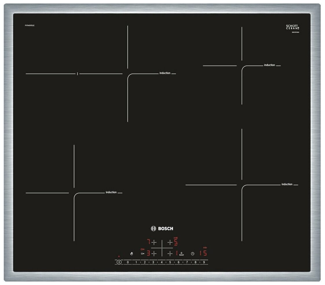 Индукционная варочная панель Bosch PIF645FB1E, цвет панели черный, цвет рамки серебристый