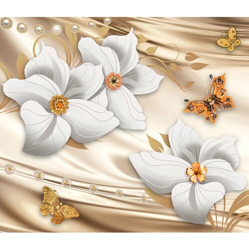 Моющиеся виниловые фотообои GrandPiK Белые цветы и золотые бабочки, 350х300 см