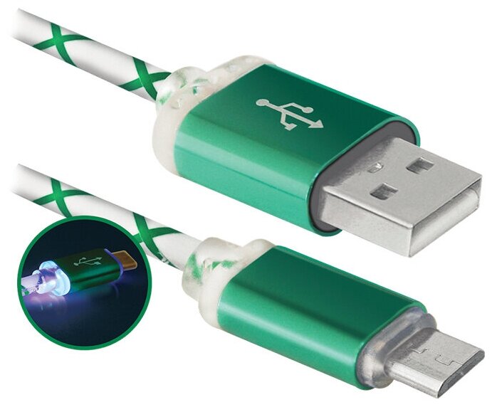 Кабель Defender USB - microUSB (USB08-03LT), 1 м, зеленый