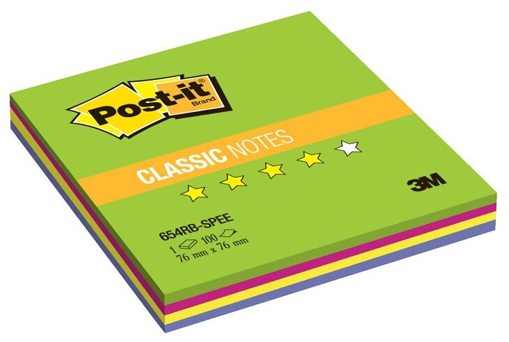 Стикеры (самоклеящийся блок) 3M Post-it Classic "Весенняя радуга", 76x76мм, 4 цвета, 100 листов (654RB-SPEE)