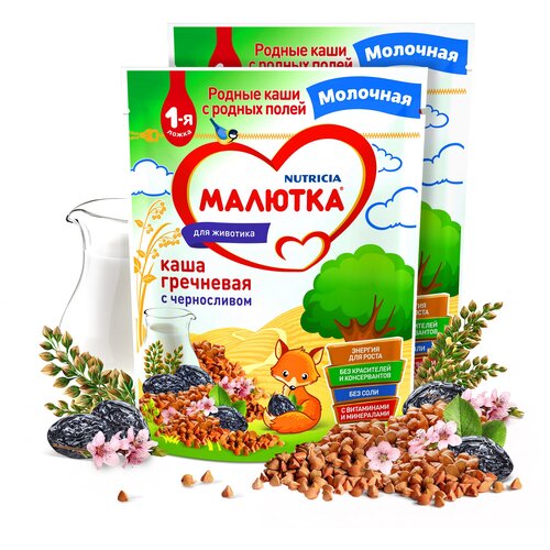 Каша Малютка (Nutricia) молочная гречневая с черносливом, с 4 месяцев, 220 г, 2 уп.