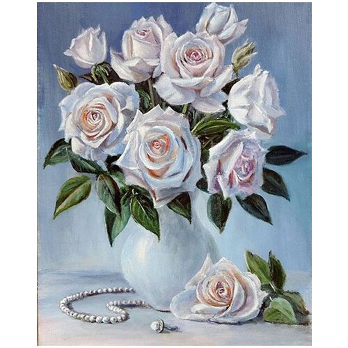 фото Алмазная мозаика на подрамнике 40x50 белые розы на столе kolibriki