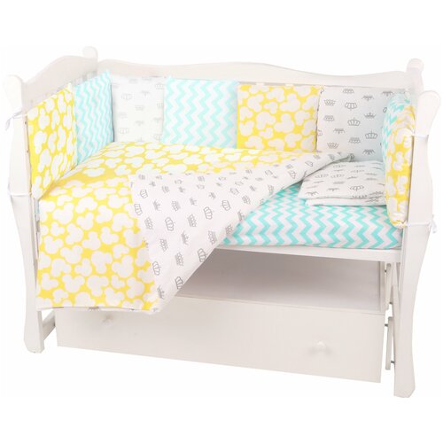 фото Борт в кроватку 12 предметов (12 подушек-бортиков) amarobaby happy baby (мятный/желтый, бязь)