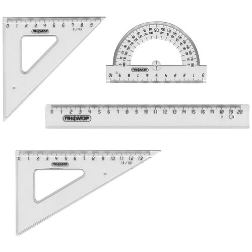 Пифагор Набор чертежный 4 предмета (210627), прозрачный набор чертежный средний пифагор линейка 20 см 2 треугольника транспортир прозрачный бесцветный пакет 210627 210627