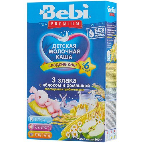 Каша Bebi молочная 3 злака с яблоком и ромашкой, с 6 месяцев каша bebi молочная пшеничная с яблоком и бананом с 6 месяцев