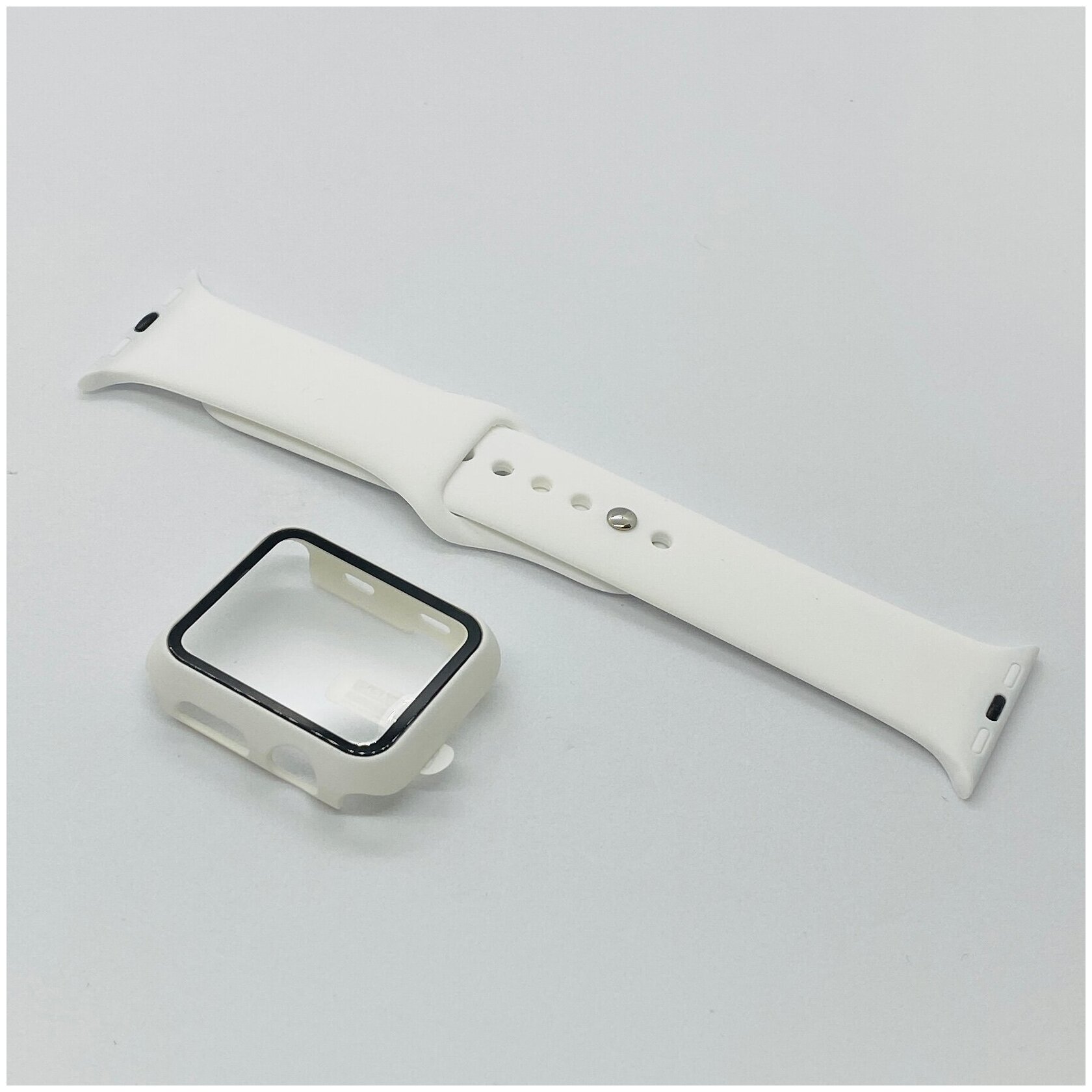 Чехол для Apple Watch 38mm со стеклом + силиконовый ремешок белый